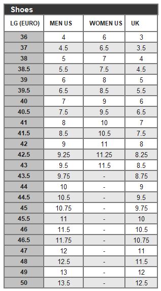 Garneau Shoe Size Chart